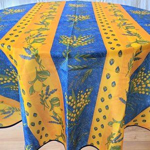 64" ROUND LEMONS & LAVENDER BLUE YELLOW TABLECLOTH